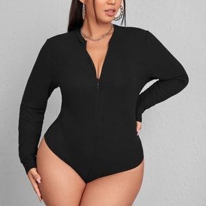 New SHEIN Plus Ribbed Knit Zipper Bodysuit 3XL Black